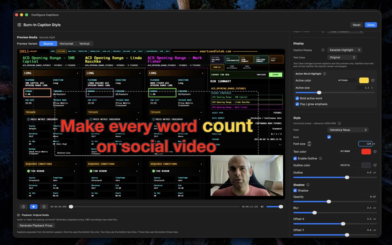 Caption Comet burn configuration — caption style and export settings
