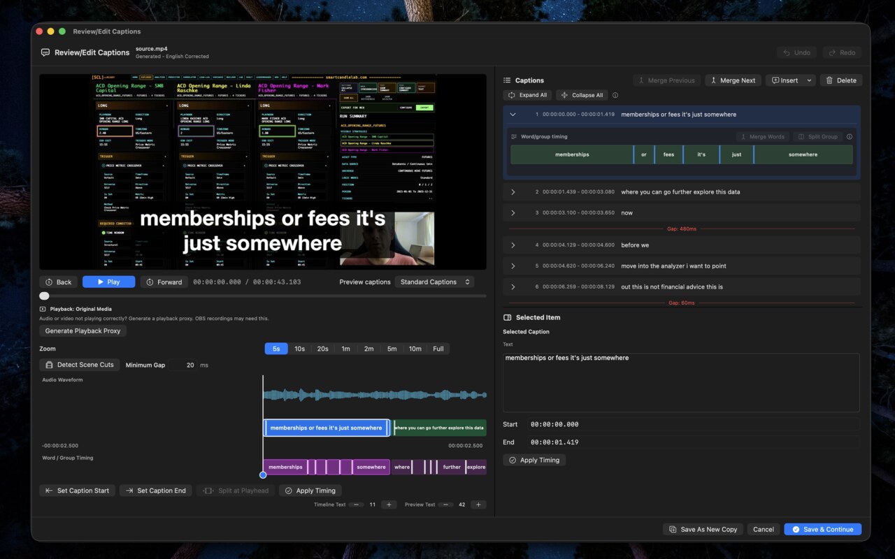 Caption Comet Project Mode — edit subtitle words, timing, and styles