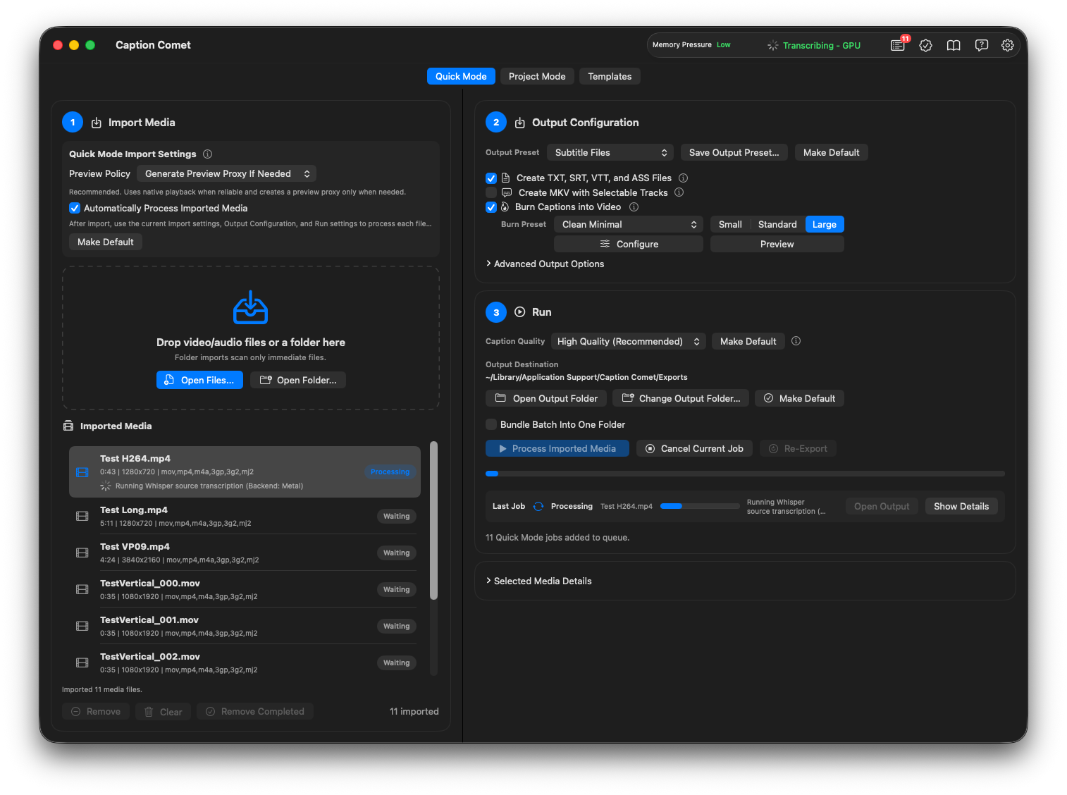 Quick Mode finished — exported subtitles and video