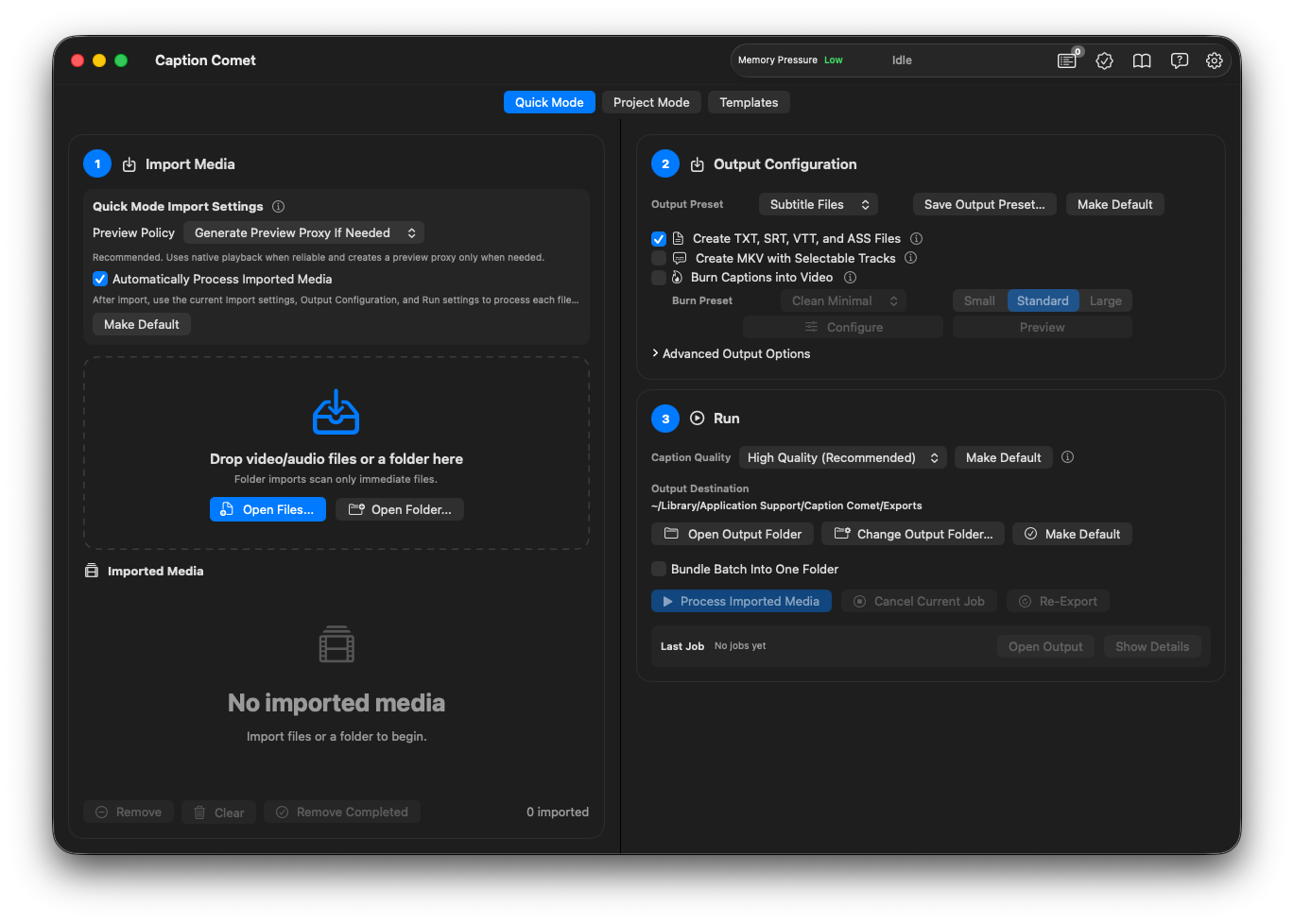 Caption Comet Quick Mode — drag and drop interface