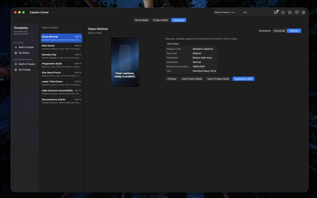 Caption Comet template library — choose a caption style preset